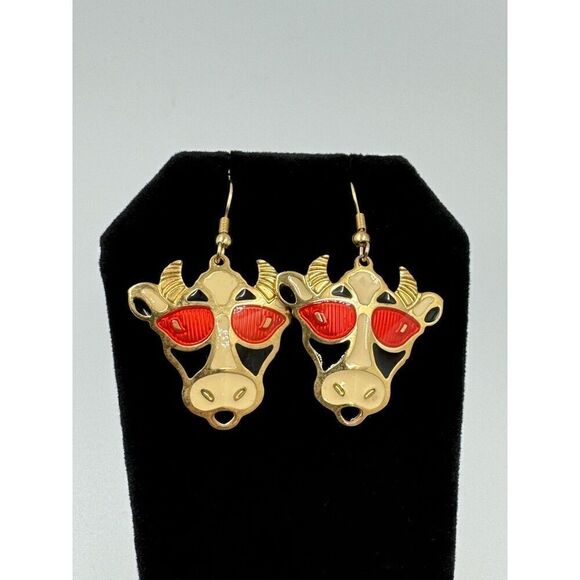 No Brand Jewelry - Vintage Edgar Berebi Gold Tone Enamel Cow Sunglasses Dangle Pierced Earrings
